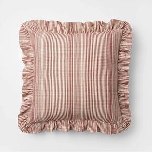 24"x24" Uneven Plaid with Ruffle Pillow Burgundy/Cream - Studio McGee